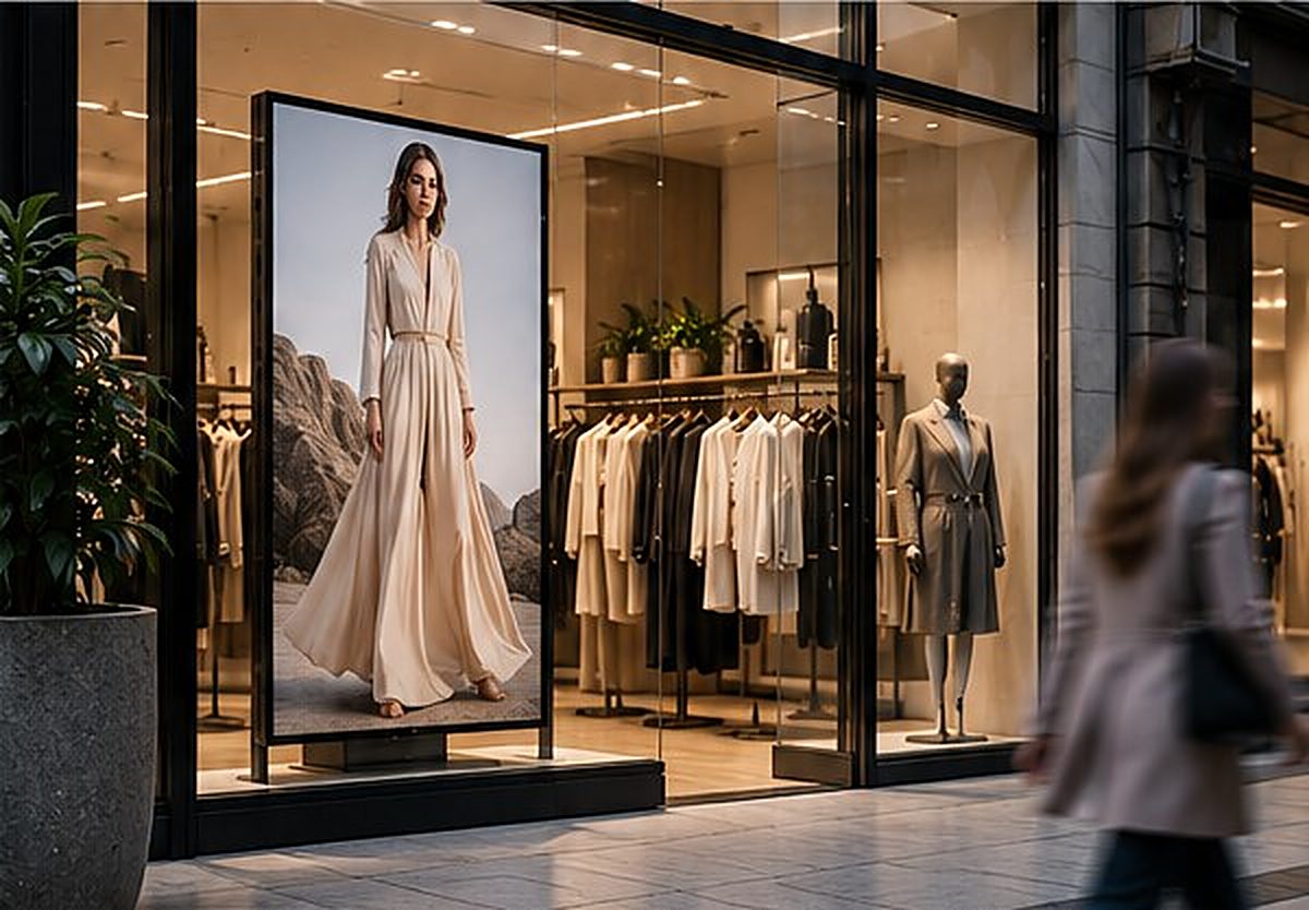 Butik med en digital skärm i skyltfönstret