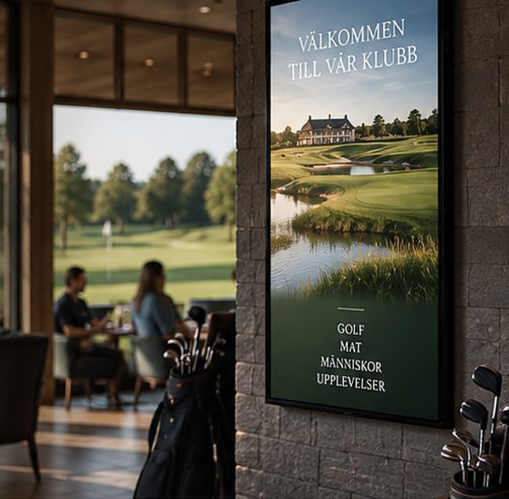 Golfklubbens restaurang med en stående digital skärm