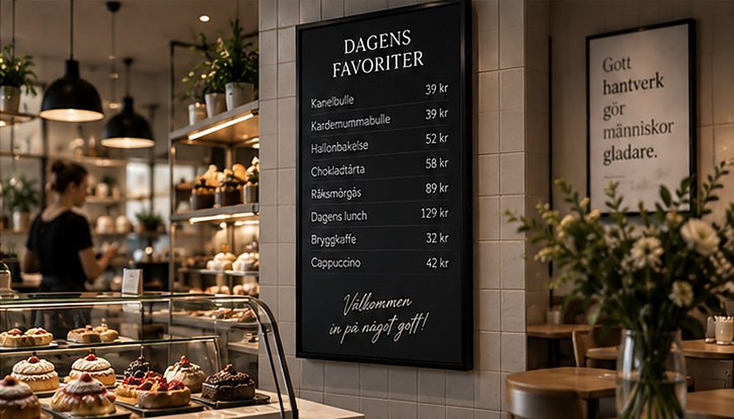 Konditori med en digital menyskärm vid disken