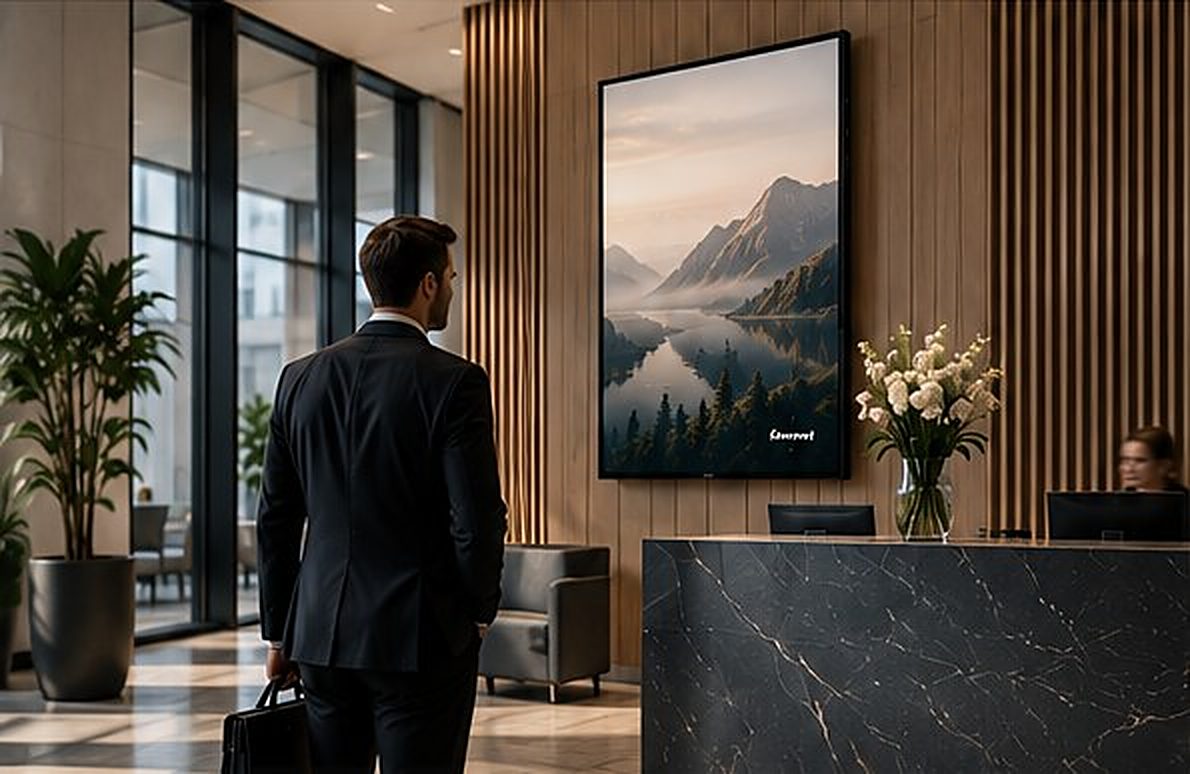 Reception med en digital skärm på trävägg