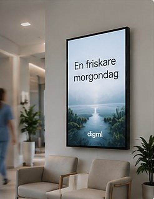 Klinikens väntrum med en digital informationsskärm